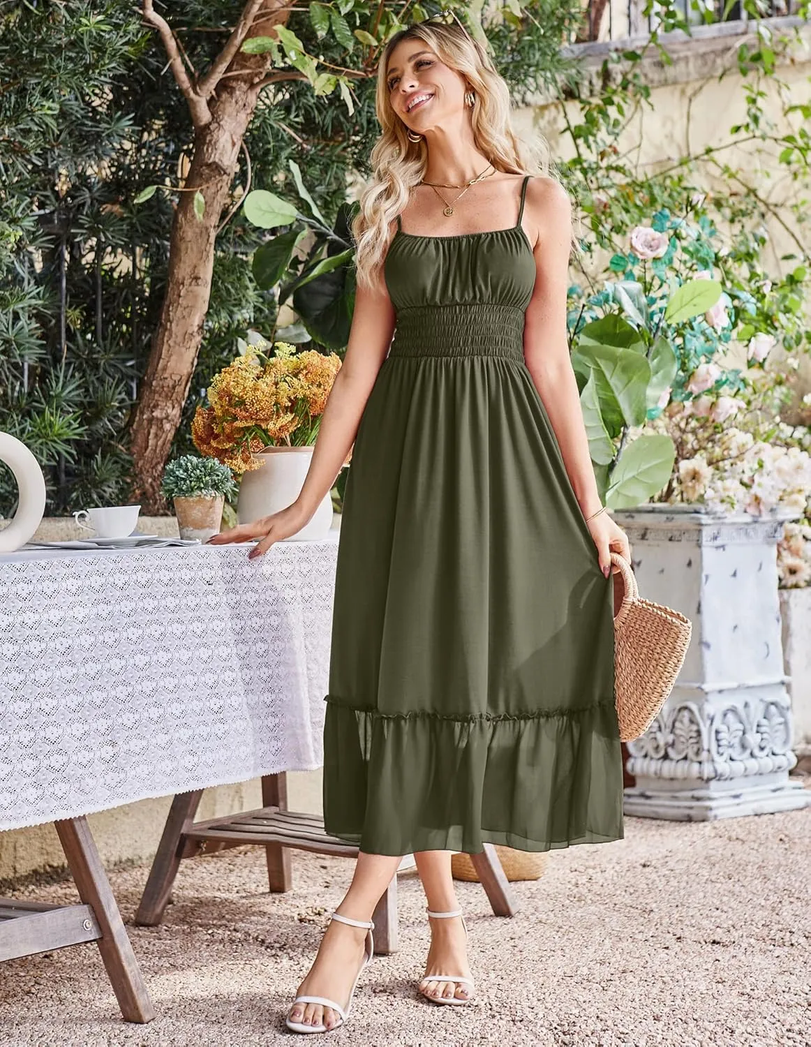 GRACE KARIN Womens 2025 Summer Dress Casual Sleeveless Spaghetti Strap Smocked Ruffle Beach Long Maxi Dress with Pockets