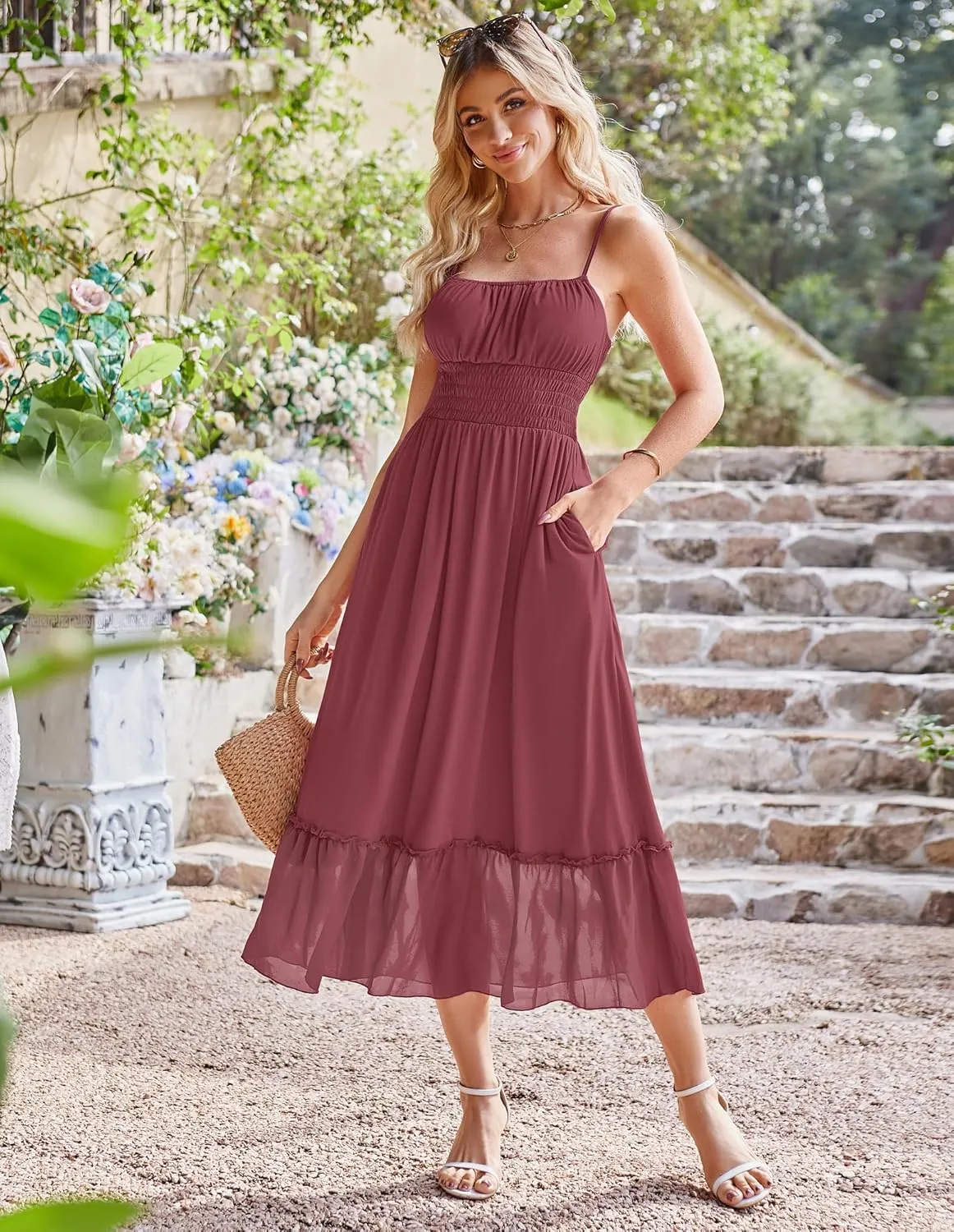 GRACE KARIN Womens 2025 Summer Dress Casual Sleeveless Spaghetti Strap Smocked Ruffle Beach Long Maxi Dress with Pockets