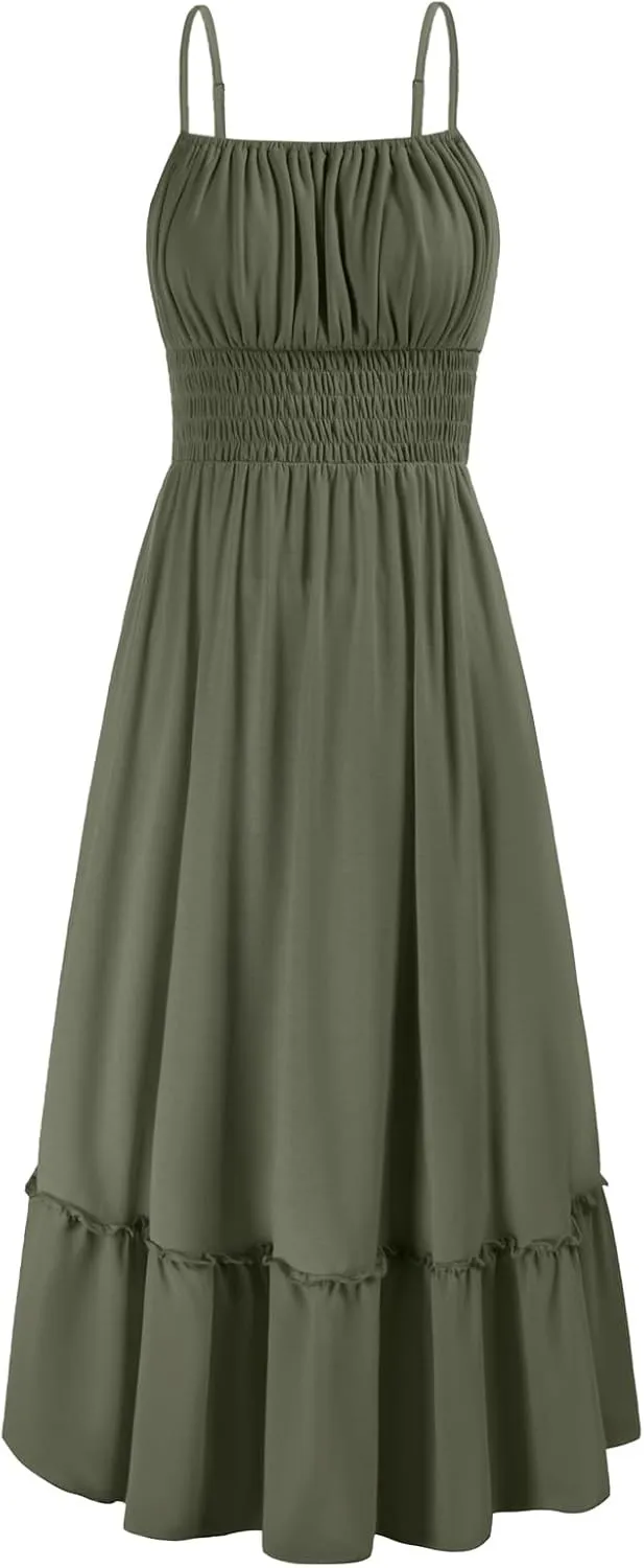 GRACE KARIN Womens 2025 Summer Dress Casual Sleeveless Spaghetti Strap Smocked Ruffle Beach Long Maxi Dress with Pockets