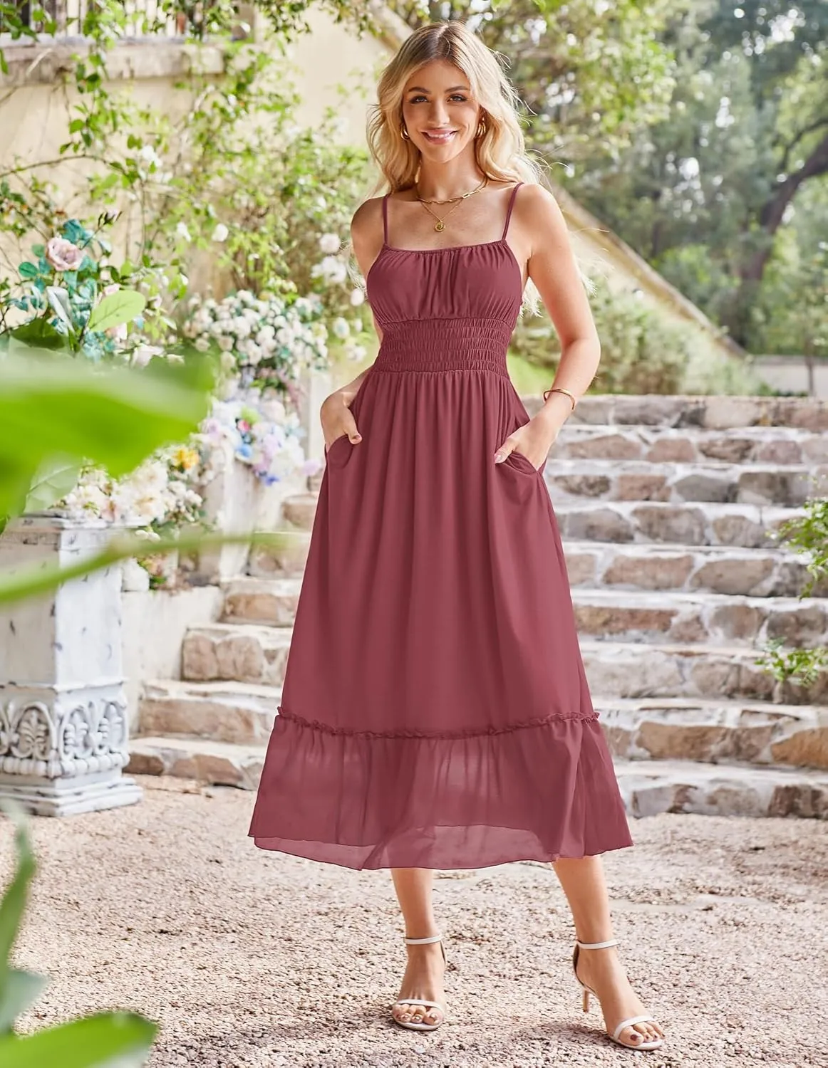 GRACE KARIN Womens 2025 Summer Dress Casual Sleeveless Spaghetti Strap Smocked Ruffle Beach Long Maxi Dress with Pockets