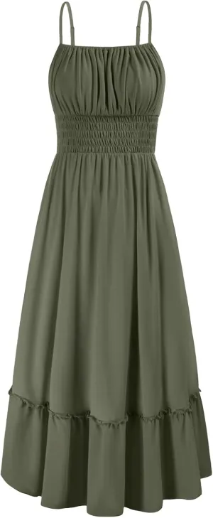GRACE KARIN Womens 2025 Summer Dress Casual Sleeveless Spaghetti Strap Smocked Ruffle Beach Long Maxi Dress with Pockets