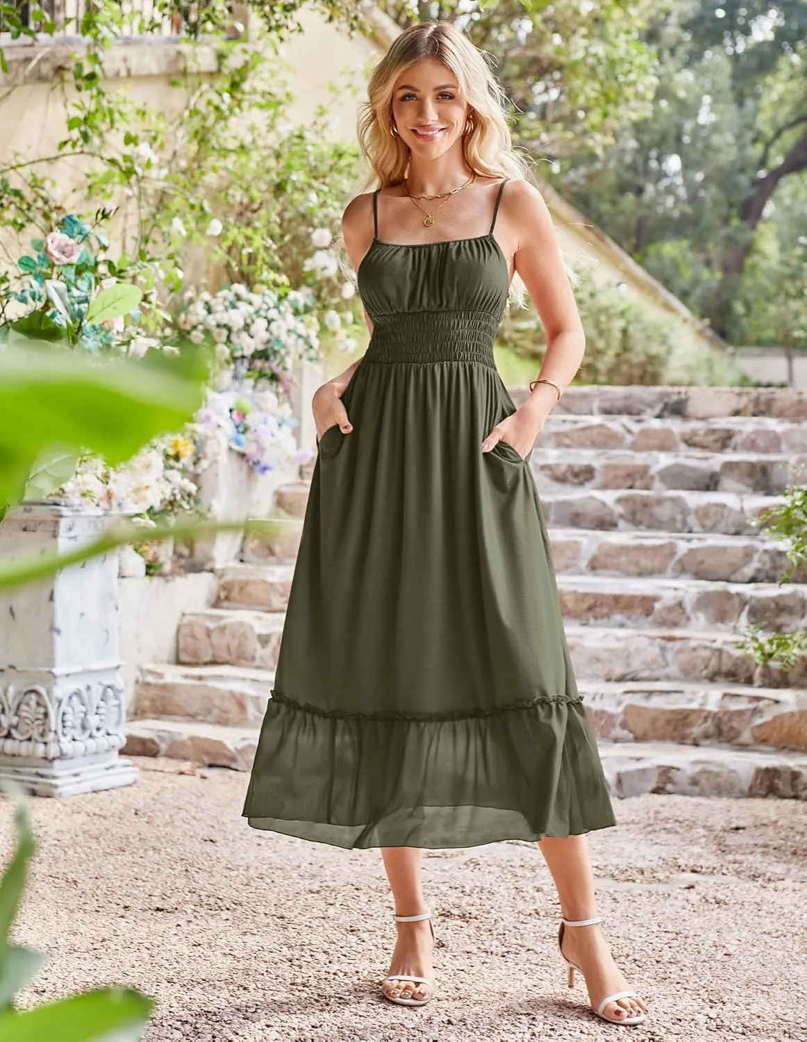 GRACE KARIN Womens 2025 Summer Dress Casual Sleeveless Spaghetti Strap Smocked Ruffle Beach Long Maxi Dress with Pockets