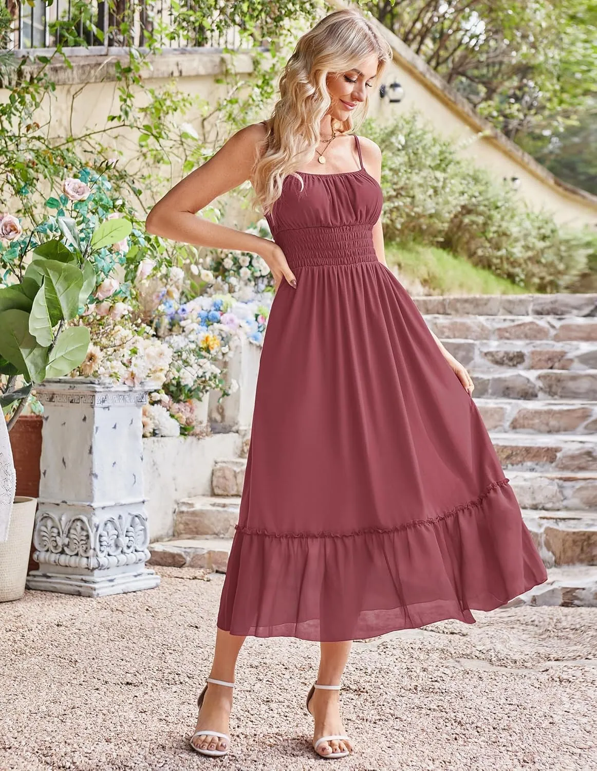 GRACE KARIN Womens 2025 Summer Dress Casual Sleeveless Spaghetti Strap Smocked Ruffle Beach Long Maxi Dress with Pockets