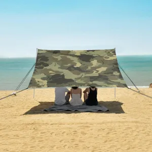 Green Camo Beach Canopy Tent Anti-UV & Wind Resistant, Camping Sun Shelter Easy Setup Portable,Outdoor Shade Tents with Sandbags,Sand Shovels,Ground Pegs & Stability Poles