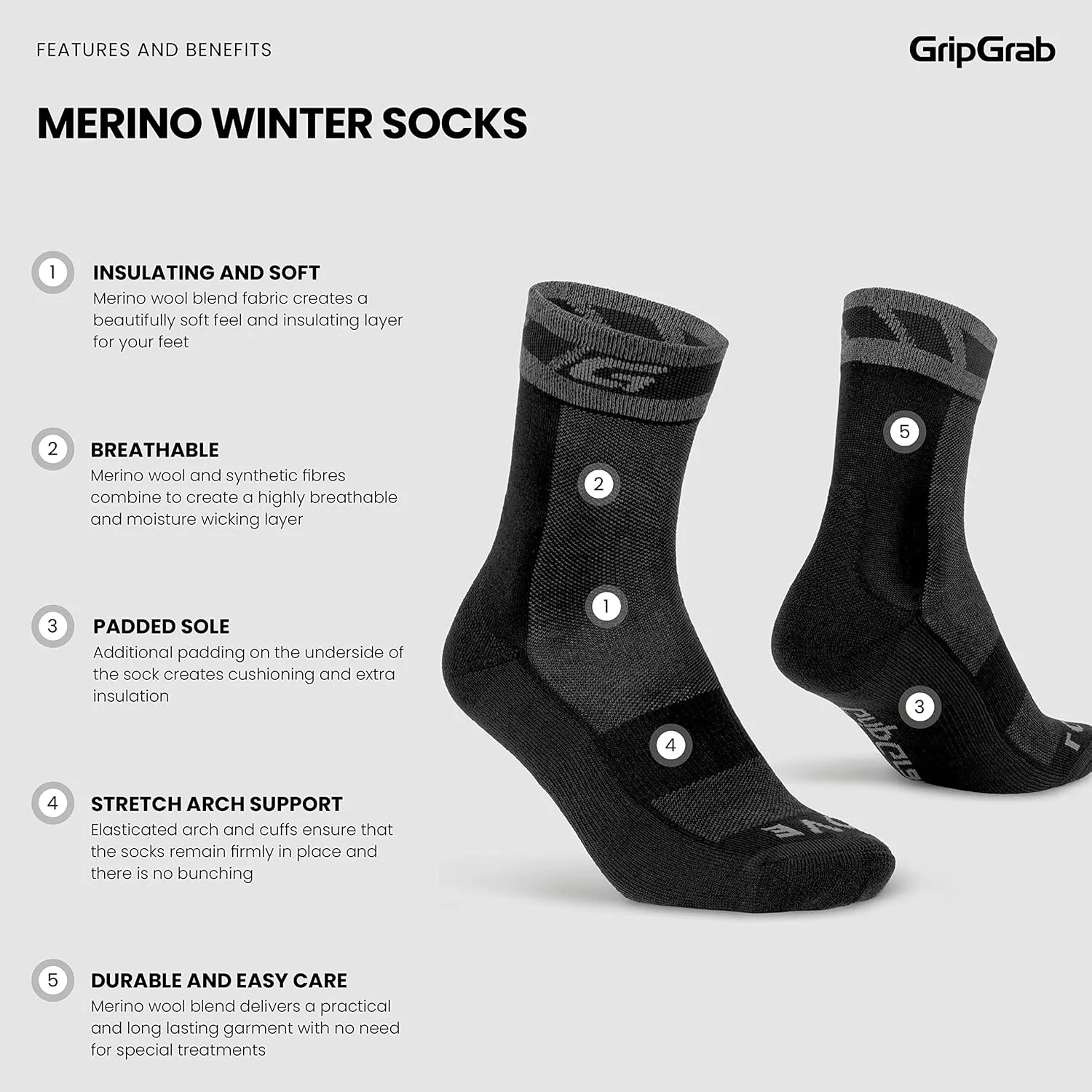 GripGrab Winter Thermal Merino Wool Cycling Socks Warm Bike Socks Padded Thick Cycling Socks Cold Weather Cycling Socks