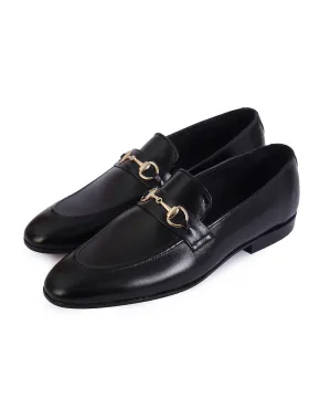 Handmade Black Leather Bit Loafers for Men
