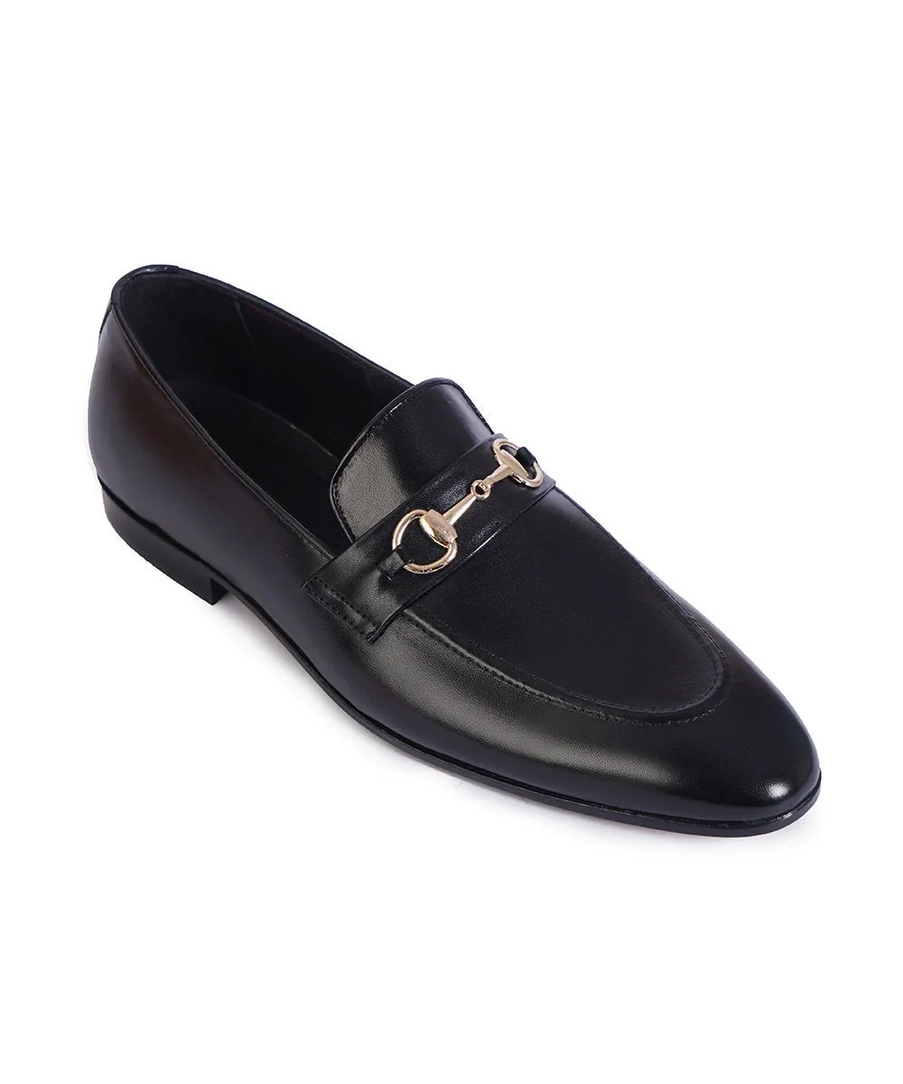 Handmade Black Leather Bit Loafers for Men