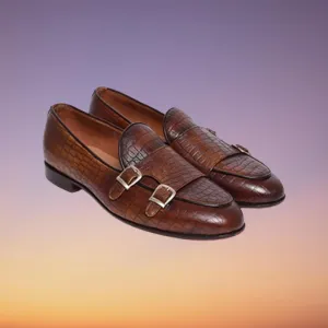 Handmade Brown Alligator Texture Double Monk Shoes