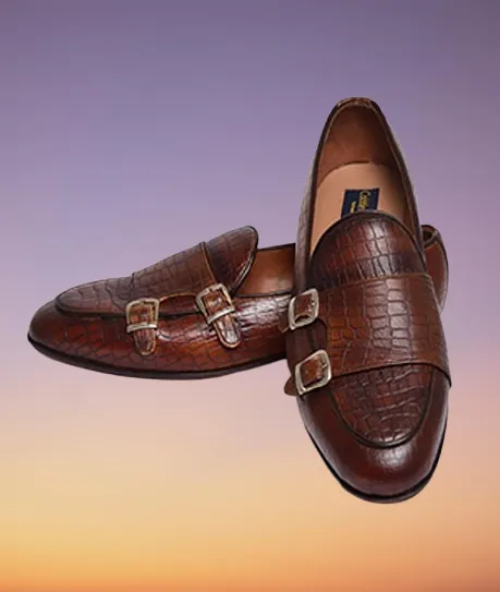 Handmade Brown Alligator Texture Double Monk Shoes