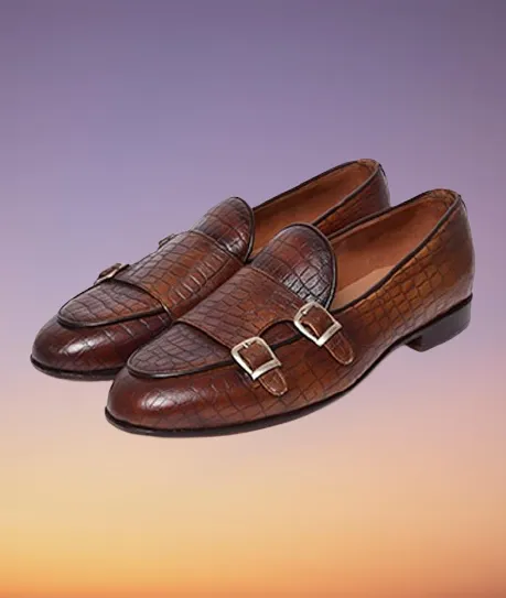 Handmade Brown Alligator Texture Double Monk Shoes