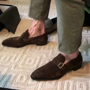 Handmade Men Brown suede moccasins shoes, Men brown slip ons buckle shoes