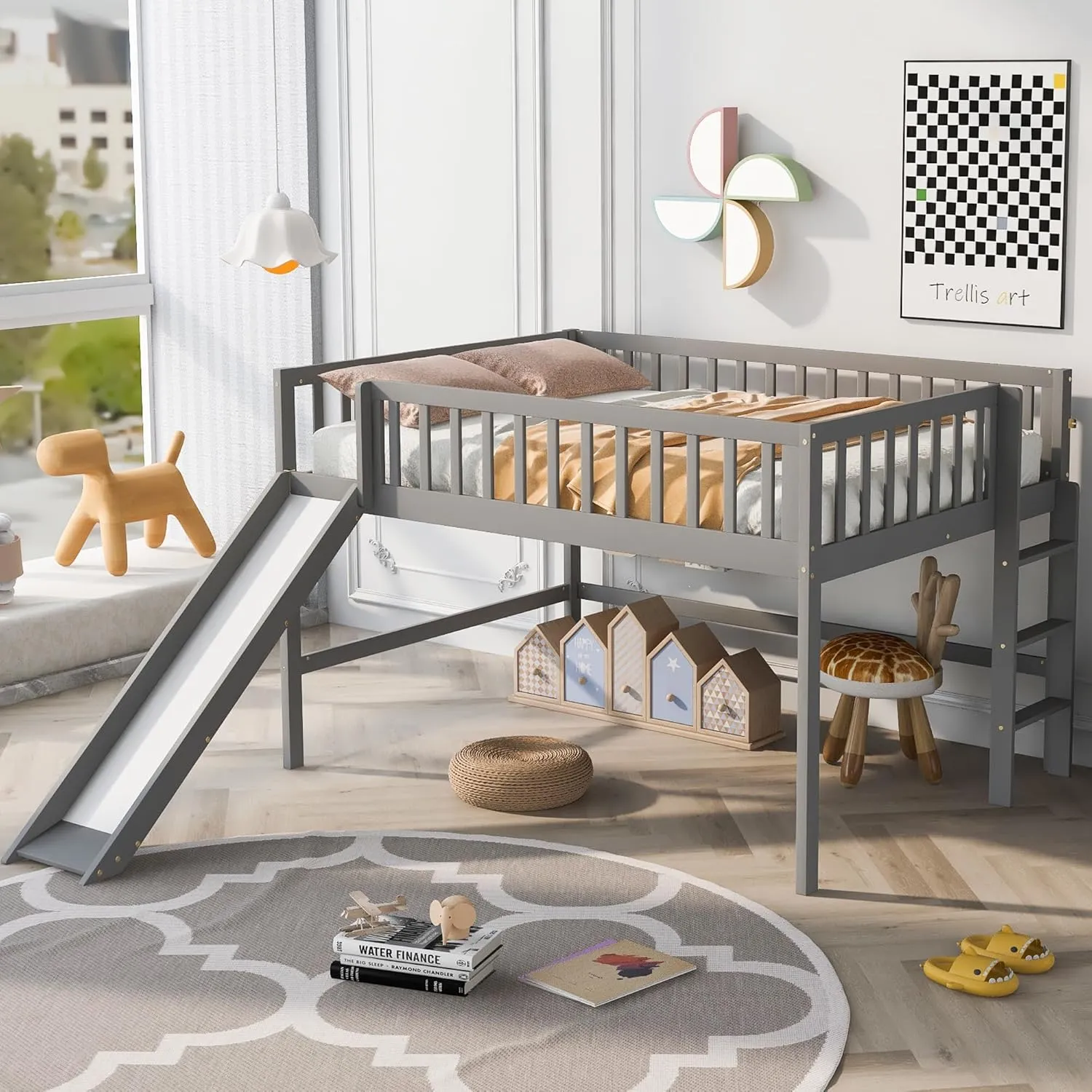 Harper & Bright Designs Full Size Low Loft Bed with Slide, High Guardrail & Ladder, Kids Wooden Full Loft Bed Frame for Girls,Boys, No Box Spring Needed, Gray