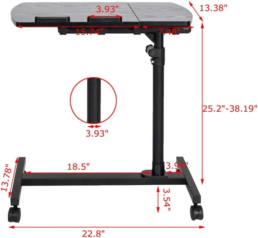 Height Adjustable C Table with Wheels, 23.6" Wide C Shaped Side End Table with Tiltable Drawing Board, Small Mobile Sofa Side Laptop Desk, C Shaped Couch TV Tray Table for Living Room, Bedroom