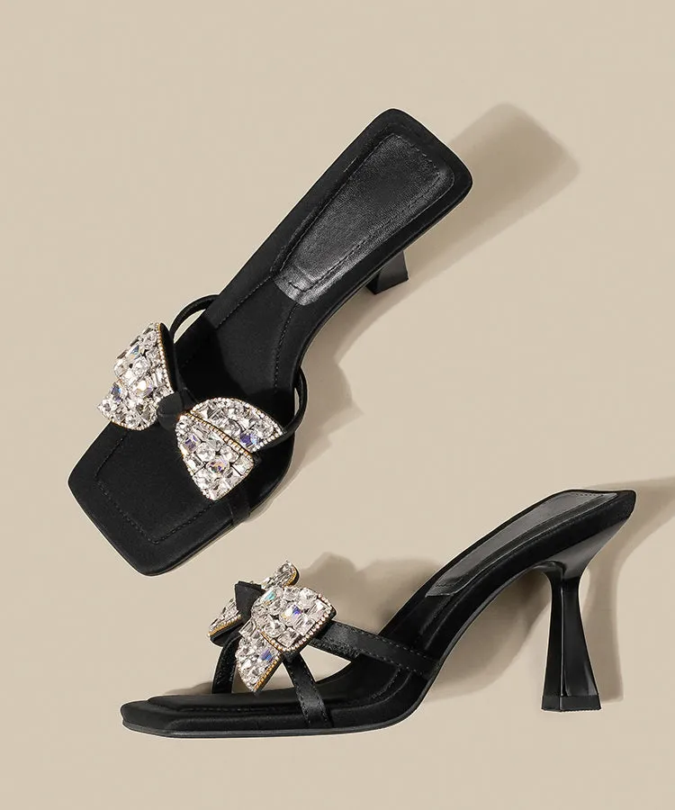 High Splicing Sandals Heel Bow Zircon Black Slide