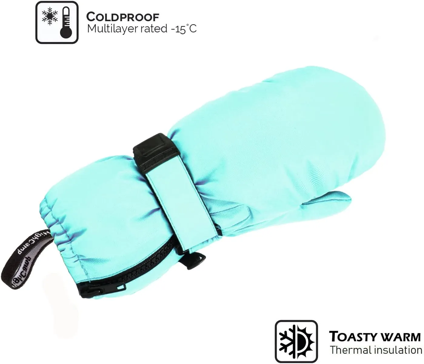 HIGHCAMP Kids Long Cuff Winter Snow Ski Mitten with Zipper Waterproof Gloves for Toddler Boys Girls