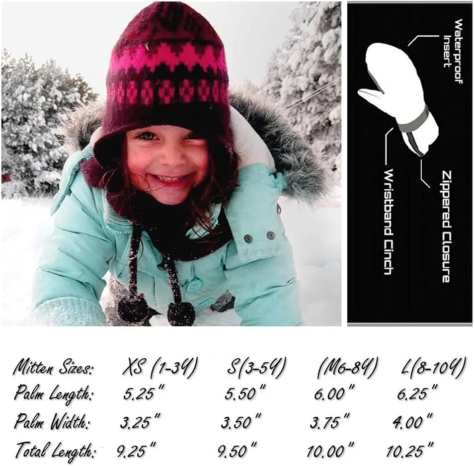 HIGHCAMP Kids Long Cuff Winter Snow Ski Mitten with Zipper Waterproof Gloves for Toddler Boys Girls