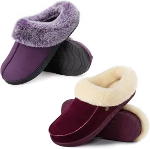 HomeTop Women's Set of 2 Pairs - Moccasin Slippers with Fuzzy Collar (Size 7-8, Wine Red) - Microsuede Slippers with Soft Collar (Size 7-8, Purple)