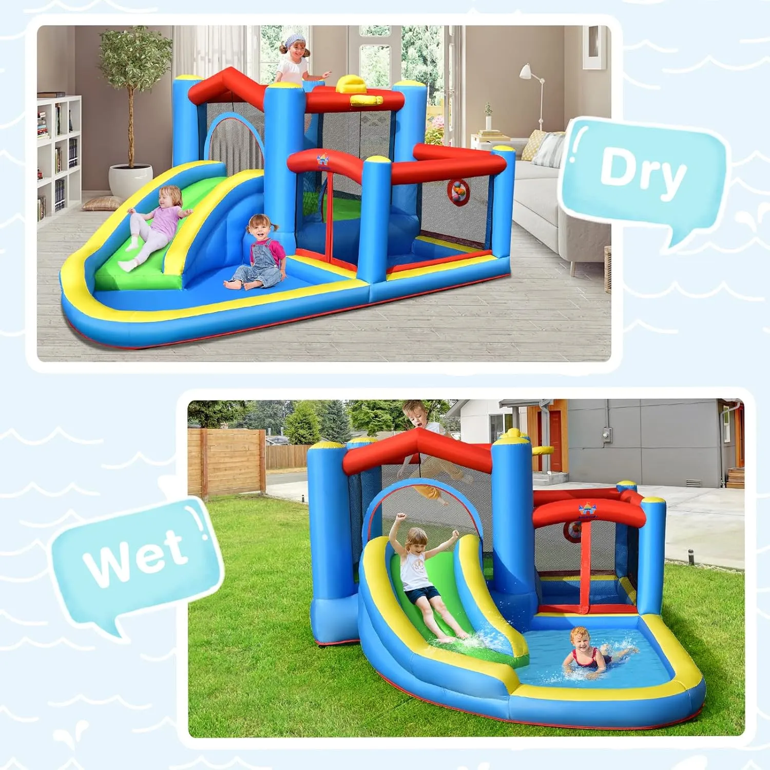 HONEY JOY Inflatable Water Slide, 6-in-1 Toddler Giant Blow Up Bouncy Water Park w/Target Ball&Climb, Outdoor Water Bounce House Water Slides Inflatables for Kids and Adults Backyard(With 480w Blower)