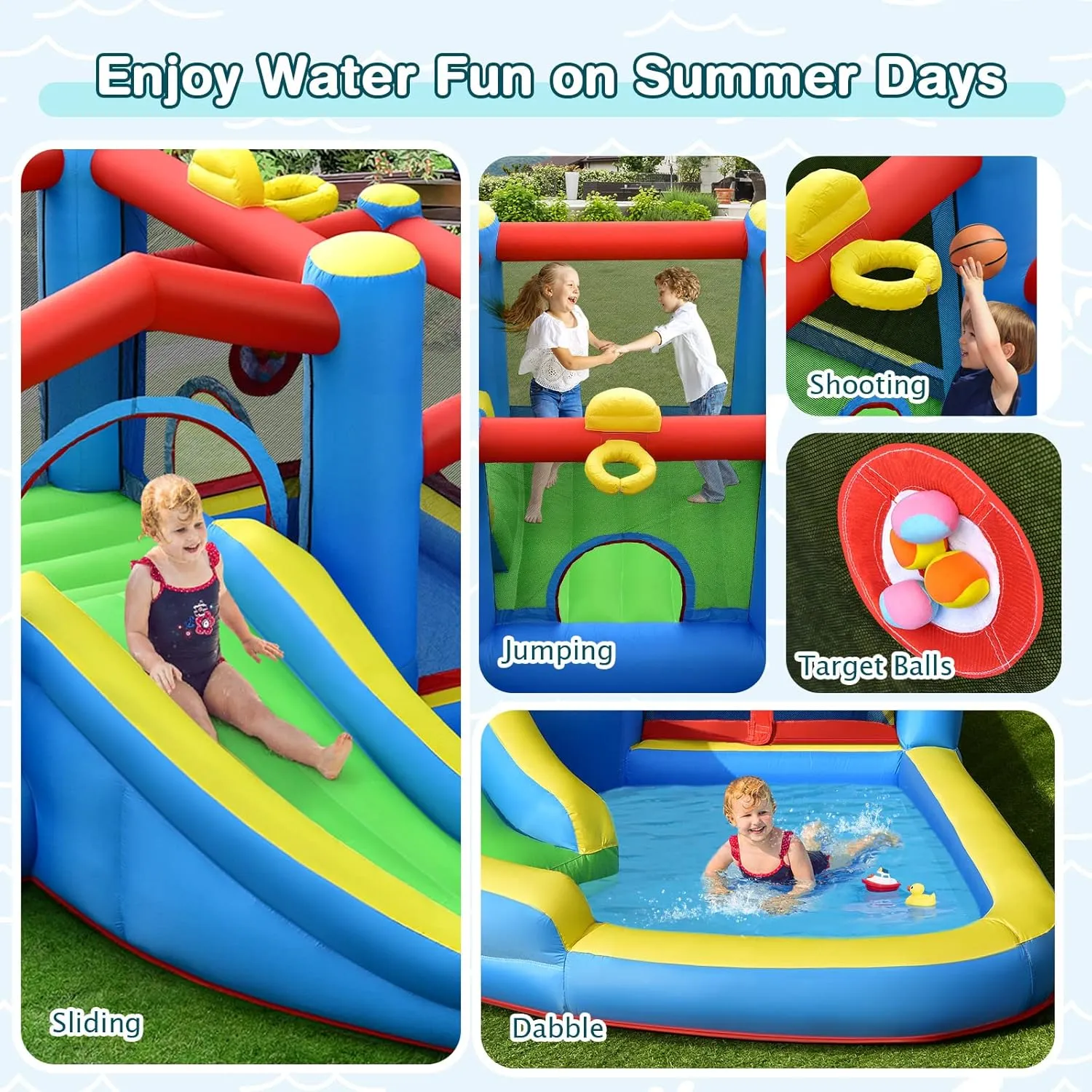 HONEY JOY Inflatable Water Slide, 6-in-1 Toddler Giant Blow Up Bouncy Water Park w/Target Ball&Climb, Outdoor Water Bounce House Water Slides Inflatables for Kids and Adults Backyard(With 480w Blower)
