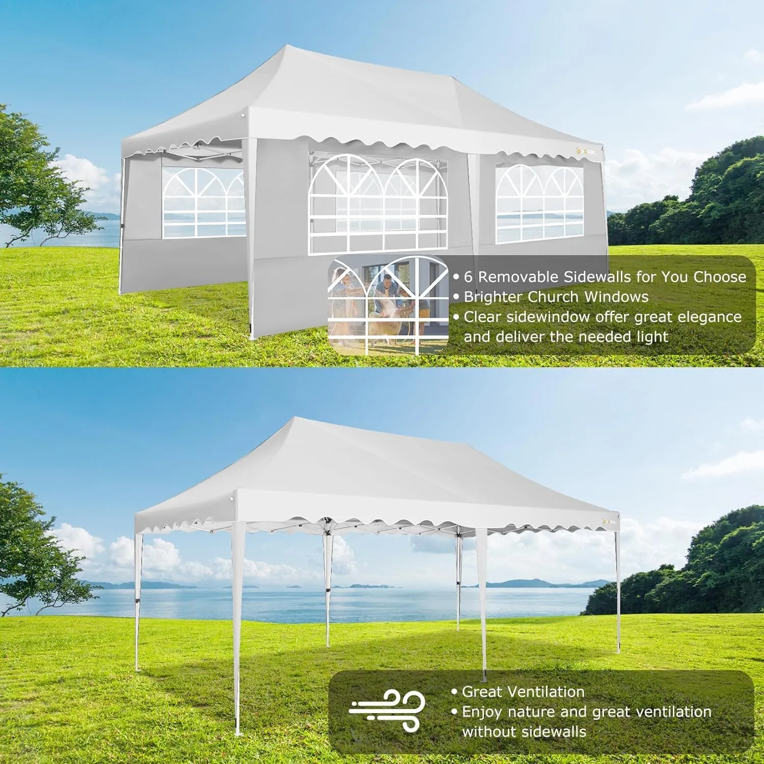 HOTEEL 10x20 Pop Up Canopy Tents for Parties, Outdoor Tent with 6 Sidewalls & Wheeled Bag & 4 Sandbags, Easy Setup for Wedding, Patio Events, Commercial, Party -Waterproof and UV50  Protection, White