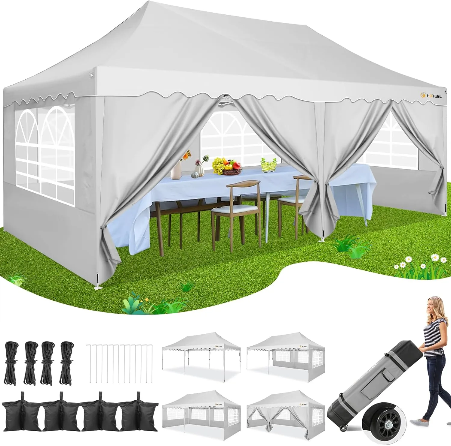 HOTEEL 10x20 Pop Up Canopy Tents for Parties, Outdoor Tent with 6 Sidewalls & Wheeled Bag & 4 Sandbags, Easy Setup for Wedding, Patio Events, Commercial, Party -Waterproof and UV50  Protection, White