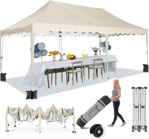 HOTEEL 10x20 Pop Up Canopy,Wheeled Bag & 4 Sandbags, Easy Setup Shelter Gazebo for Wedding, Waterproof and UV50  Protection, Khaki