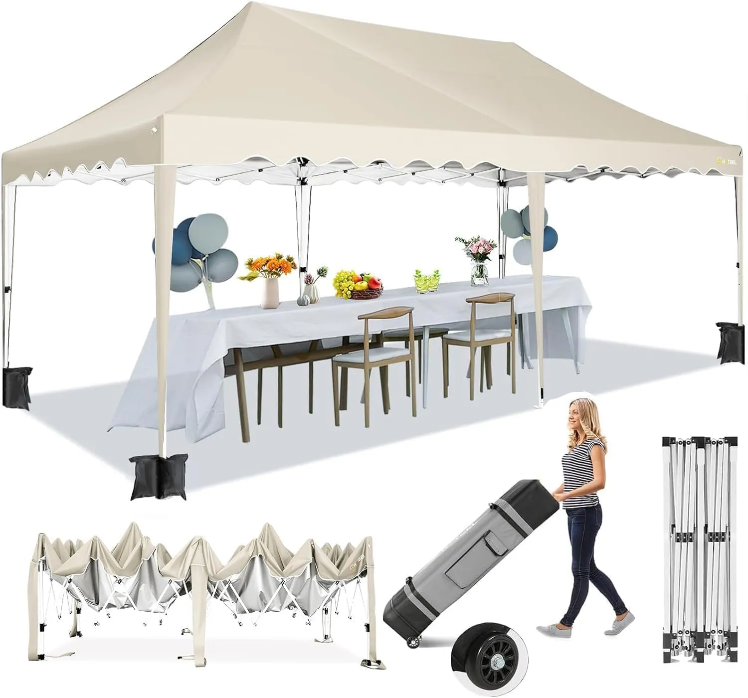 HOTEEL 10x20 Pop Up Canopy,Wheeled Bag & 4 Sandbags, Easy Setup Shelter Gazebo for Wedding, Waterproof and UV50  Protection, Khaki