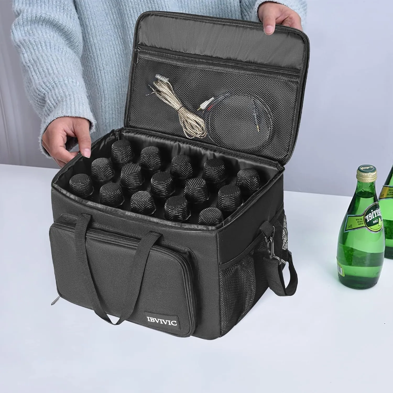 IBIVIVIC 15 Slots Wireless System Microphone mics Bag with Foam Bluetooth Sound Equipment Carrying Case