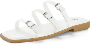 IDIFU Womens Strappy Flat Sandals Square Open Toe Gladiator Slides Sandals Three Adjustable Buckle Straps Slip On Summer Dress Shoes Beach Wedding Prom Work Travel Trendy Dressy Casual Cute Sandals