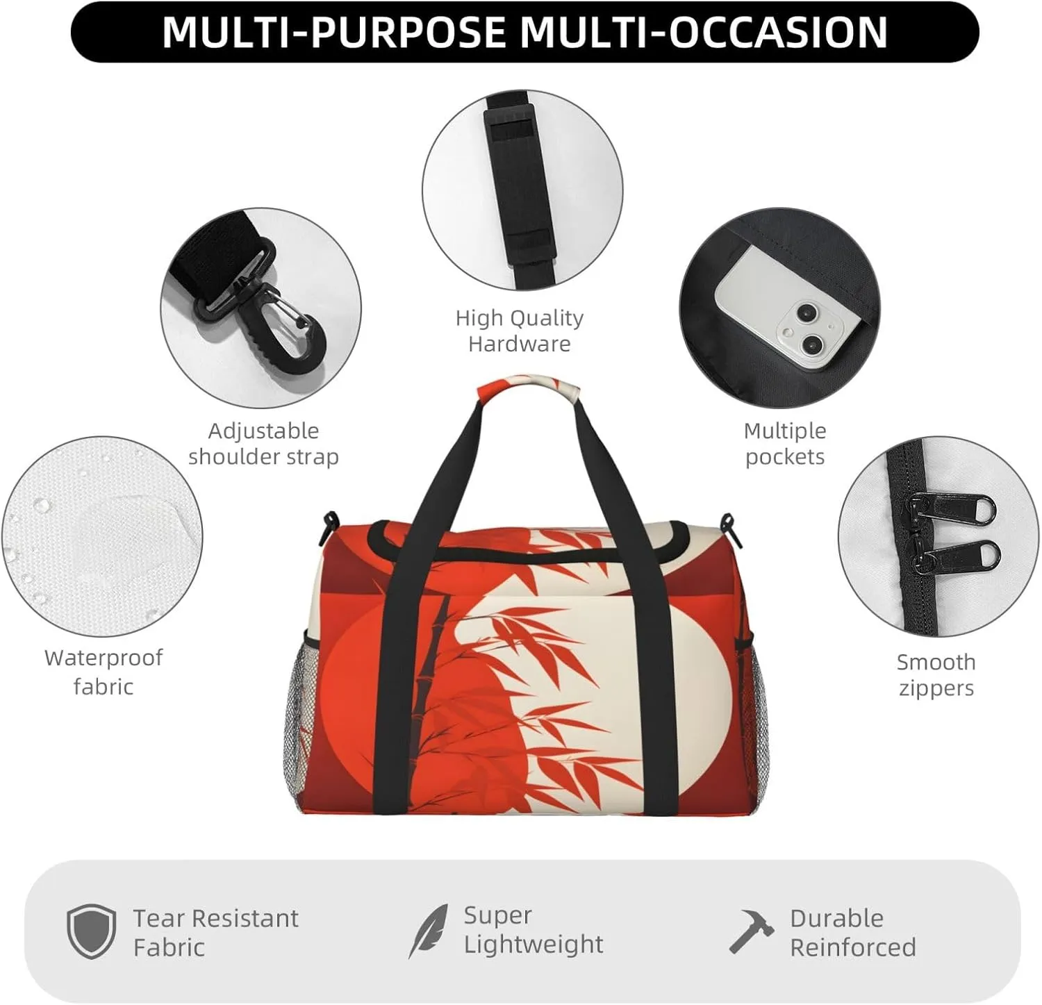 Japanese Style Tree Leaf Travel Duffel Bag with Strap Multi Pockets Sports Bag Handbag Large Shoulder Bag for Gym Weekend Fitness Camping