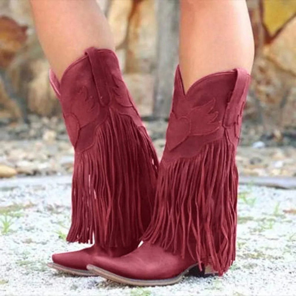 JITUUE Mid calf boots for women Western Tassel Retro Cowboy Pointed Toe Low-Heeled Moccasin Shoes Fashion Western Knight Booties