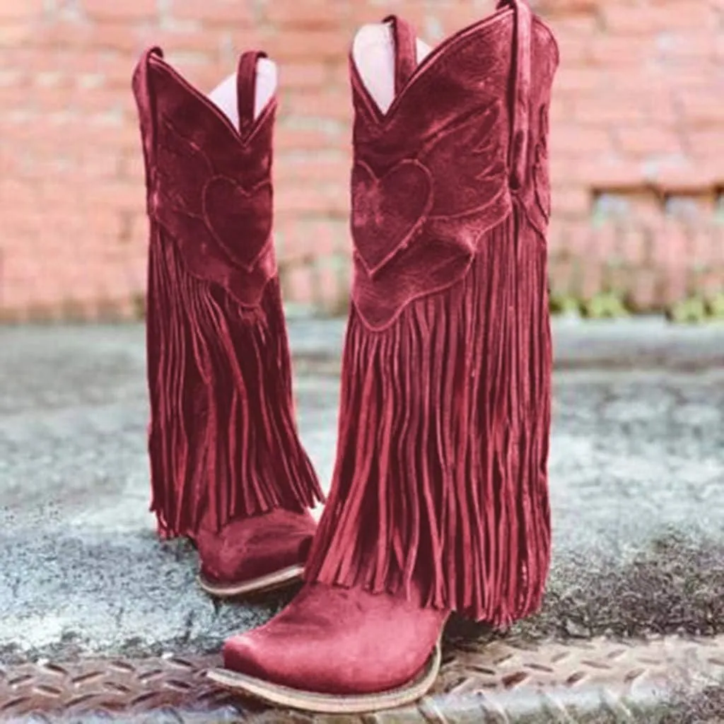 JITUUE Mid calf boots for women Western Tassel Retro Cowboy Pointed Toe Low-Heeled Moccasin Shoes Fashion Western Knight Booties