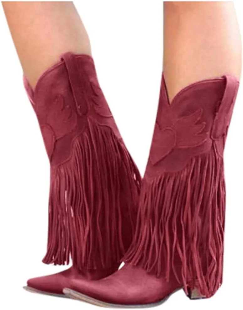 JITUUE Mid calf boots for women Western Tassel Retro Cowboy Pointed Toe Low-Heeled Moccasin Shoes Fashion Western Knight Booties