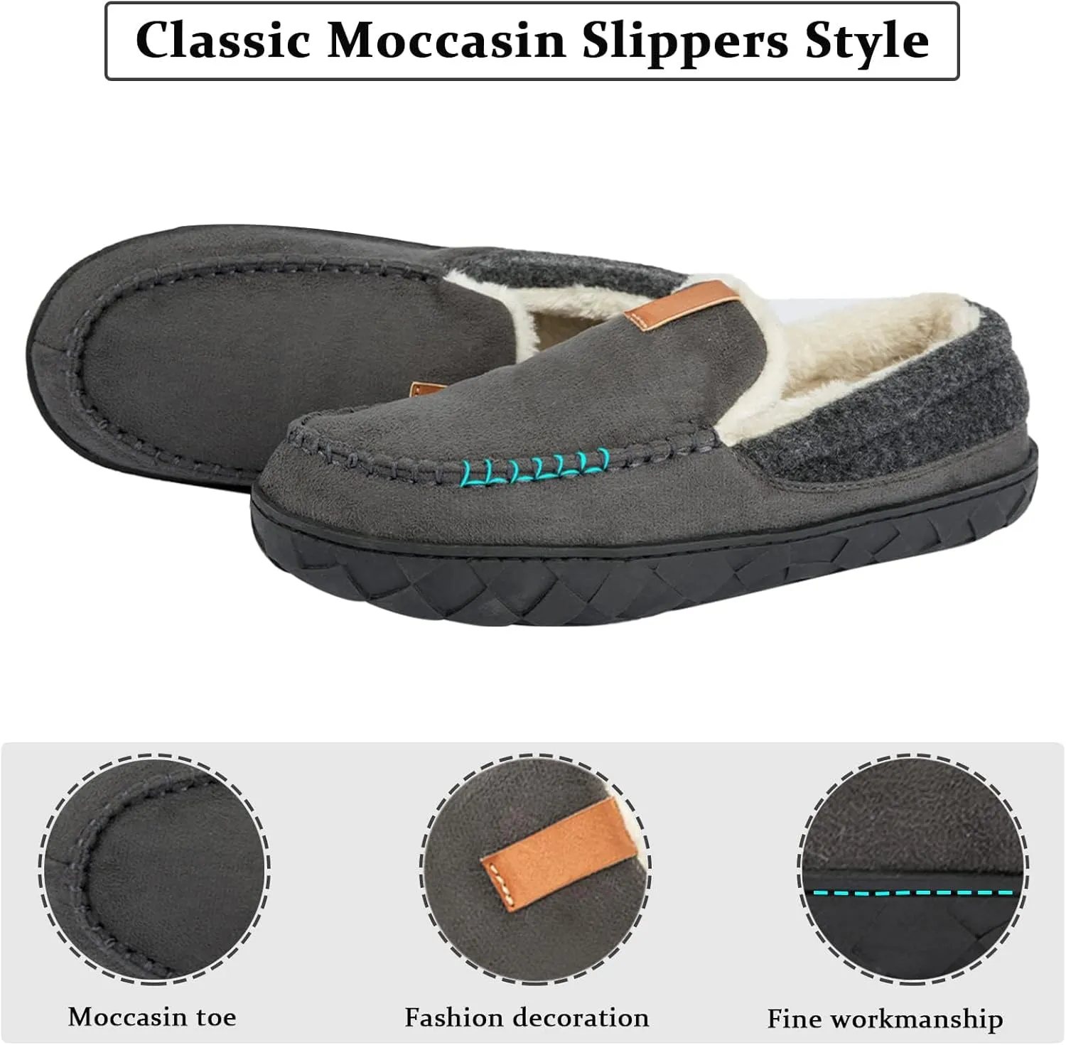 Josaywin Men's Cozy Moccasin Slippers with Memory Foam - Rubber Sole with Multi-Directional Grip Indoor/Outdoor House Shoes Size 7-16