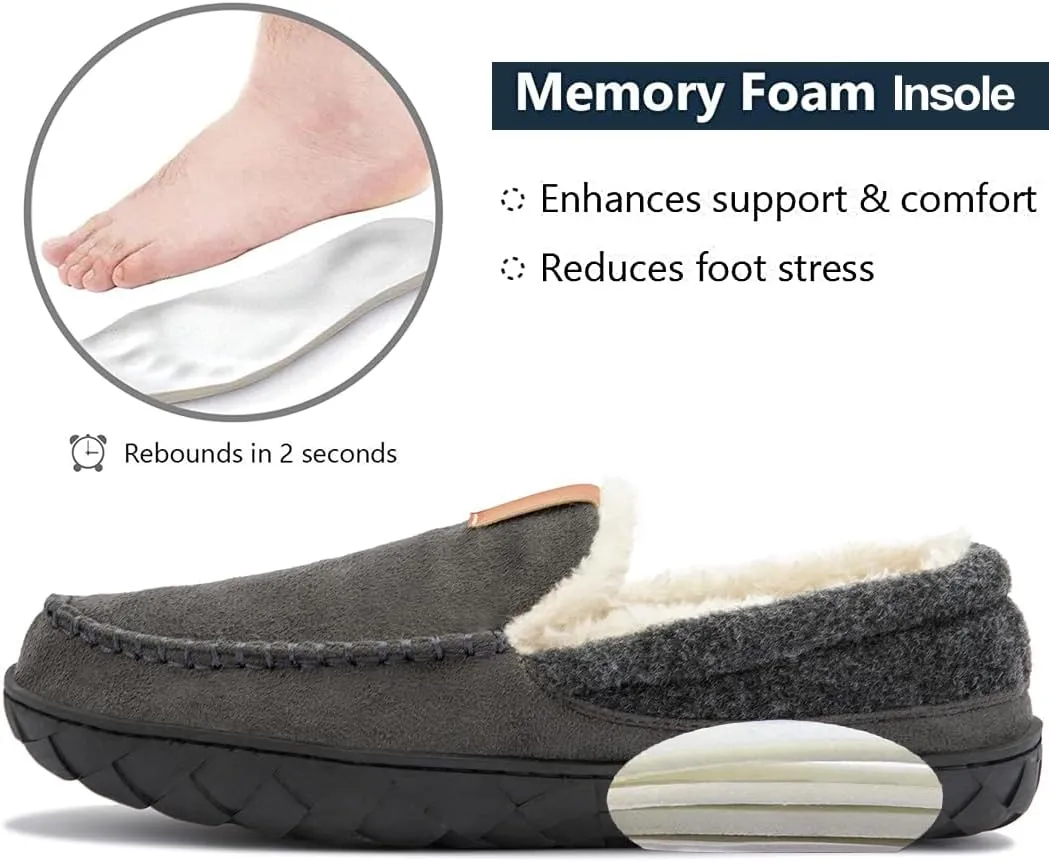 Josaywin Men's Cozy Moccasin Slippers with Memory Foam - Rubber Sole with Multi-Directional Grip Indoor/Outdoor House Shoes Size 7-16