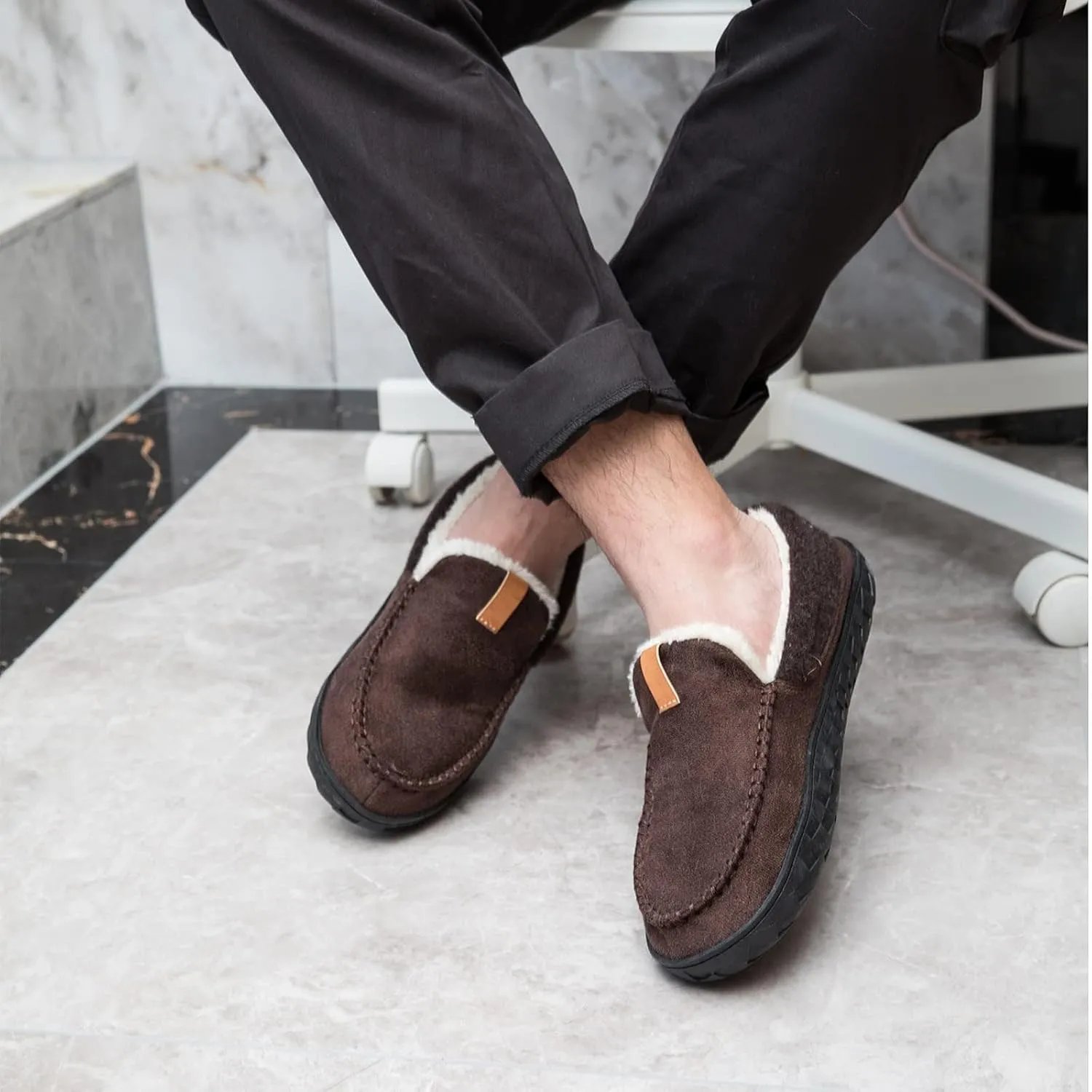 Josaywin Men's Cozy Moccasin Slippers with Memory Foam - Rubber Sole with Multi-Directional Grip Indoor/Outdoor House Shoes Size 7-16