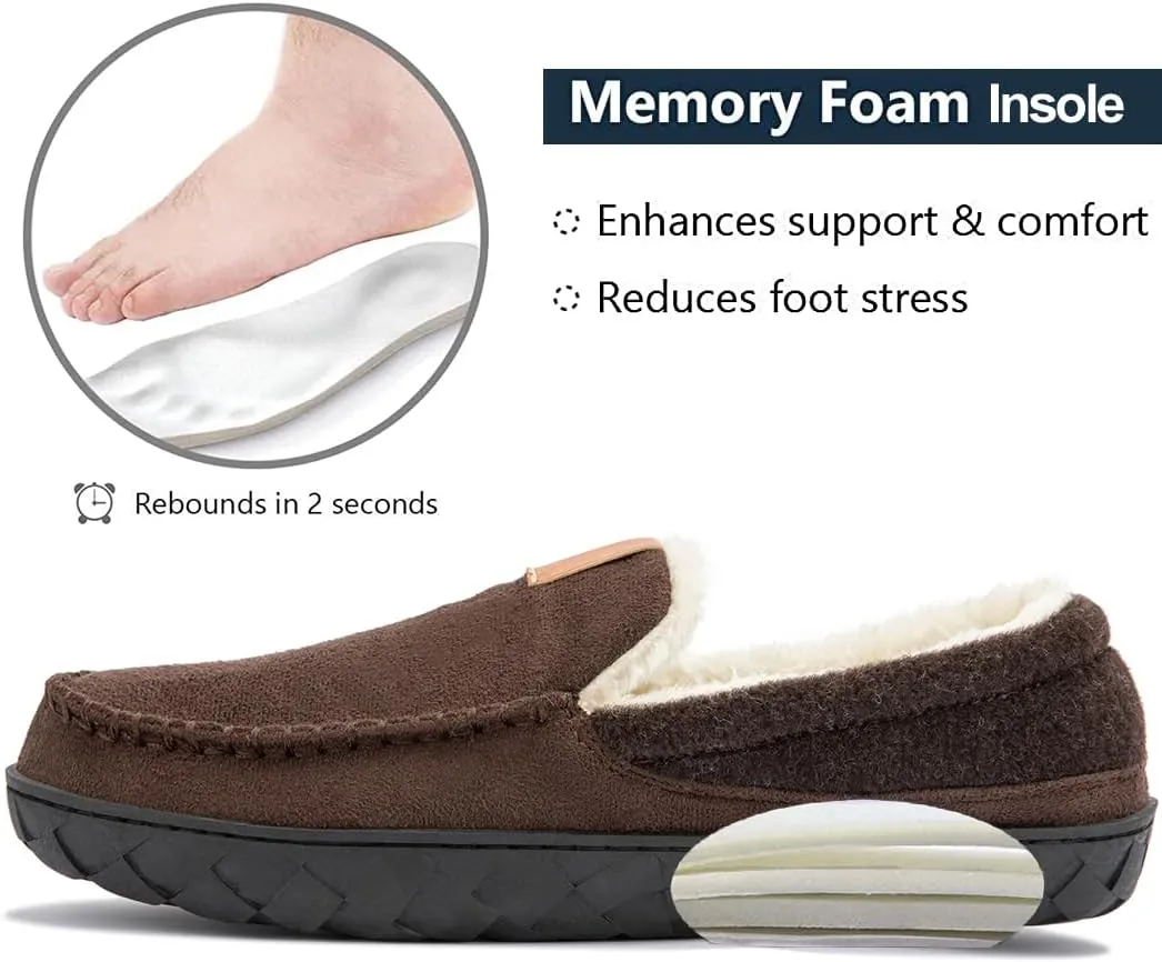Josaywin Men's Cozy Moccasin Slippers with Memory Foam - Rubber Sole with Multi-Directional Grip Indoor/Outdoor House Shoes Size 7-16