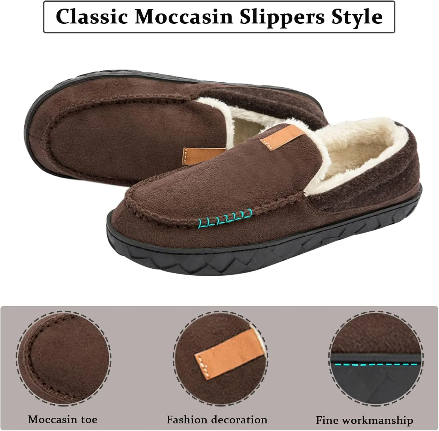 Josaywin Men's Cozy Moccasin Slippers with Memory Foam - Rubber Sole with Multi-Directional Grip Indoor/Outdoor House Shoes Size 7-16