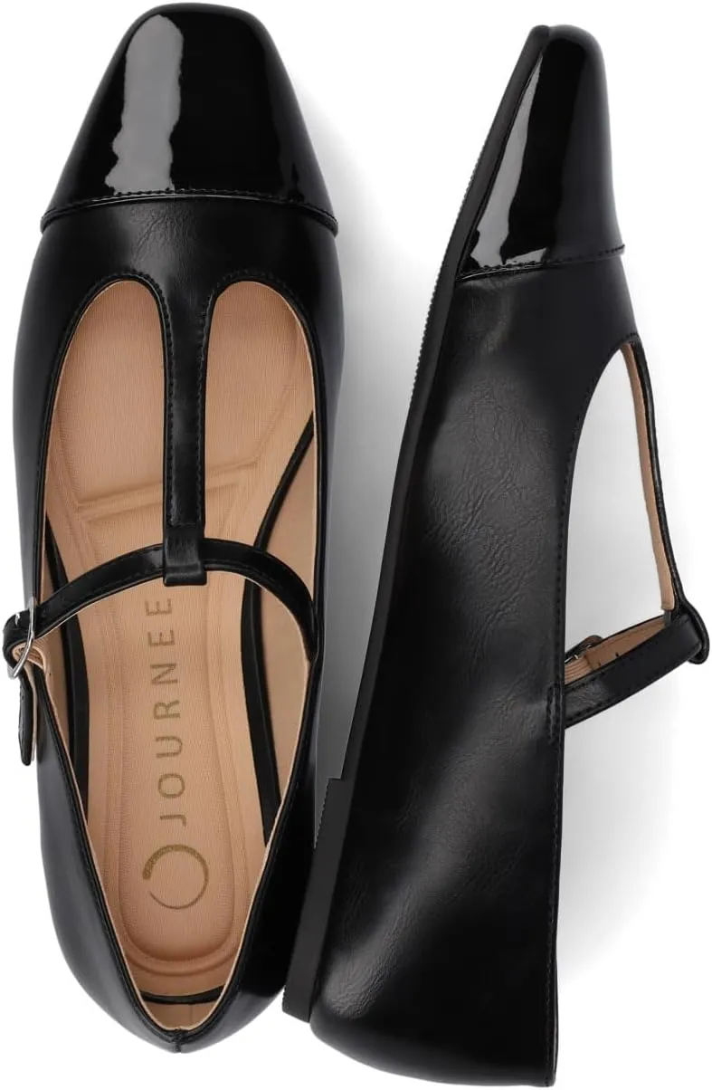 Journee Collection Womens Theah Mary Jane Buckle T-Strap Dress Flats Cushioned Two Tone Square Cap Toe Fashion Shoe
