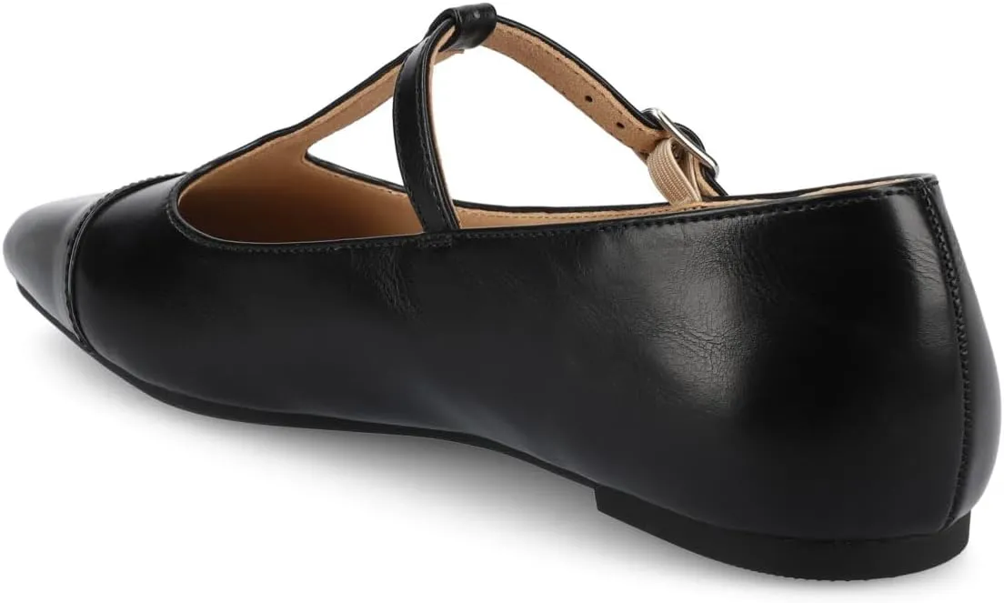 Journee Collection Womens Theah Mary Jane Buckle T-Strap Dress Flats Cushioned Two Tone Square Cap Toe Fashion Shoe