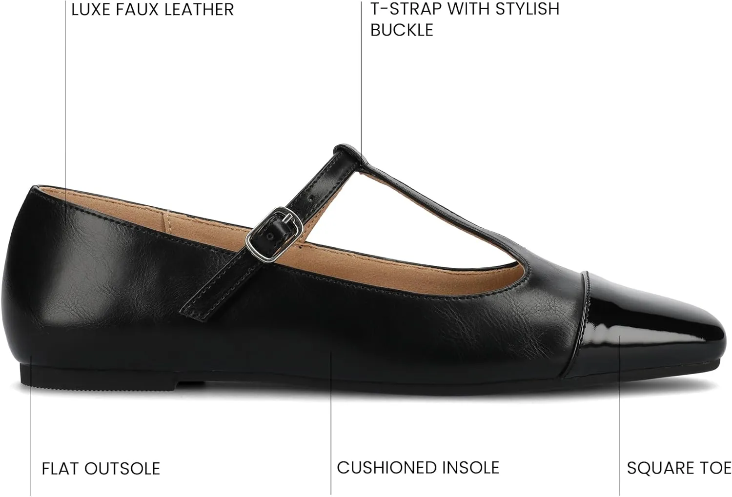 Journee Collection Womens Theah Mary Jane Buckle T-Strap Dress Flats Cushioned Two Tone Square Cap Toe Fashion Shoe
