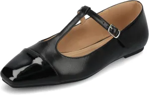 Journee Collection Womens Theah Mary Jane Buckle T-Strap Dress Flats Cushioned Two Tone Square Cap Toe Fashion Shoe