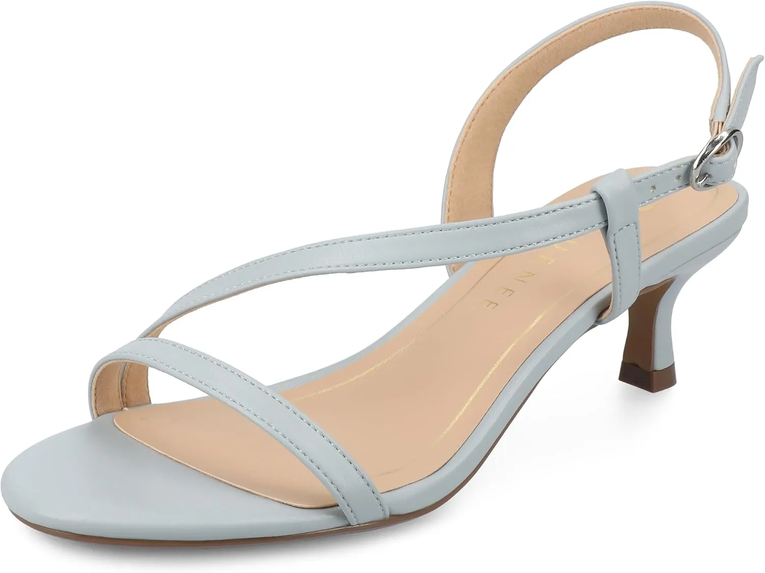Journee Womens cushioned footbed Jemry Kitten Heel Faux Leather Open Toe Ankle Buckle 2-3 Inch Heel