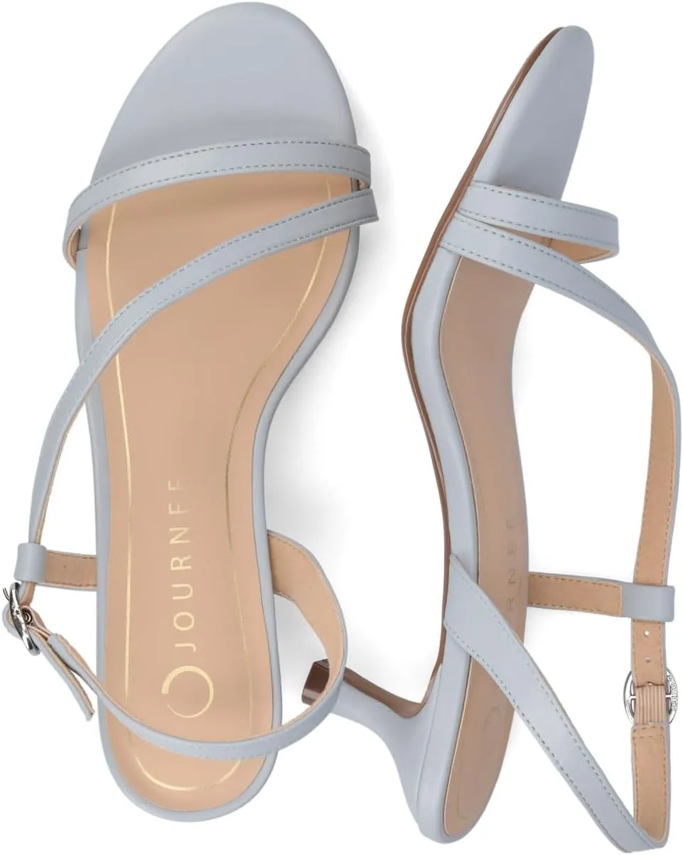 Journee Womens cushioned footbed Jemry Kitten Heel Faux Leather Open Toe Ankle Buckle 2-3 Inch Heel