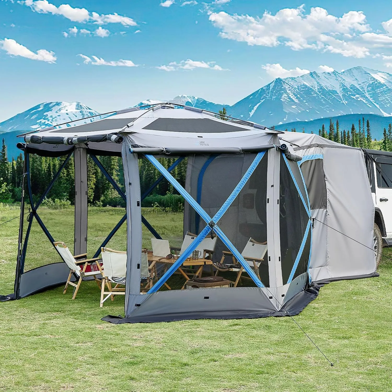 JOYTUTUS Dual-Use Pop up SUV Tent for Camping, 11x11 Ft Outdoor Gazebo Screen Tent, SUV Tailgate Tent for Family Vehicle Camping, Canopy Shelter Portable Carry Bag