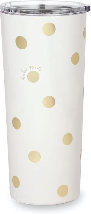 kate spade new york Cute Stainless Steel Mug, 24 Ounce Travel Tumbler, Double Wall Insulated Cup with Lid, Gold Dot with Script