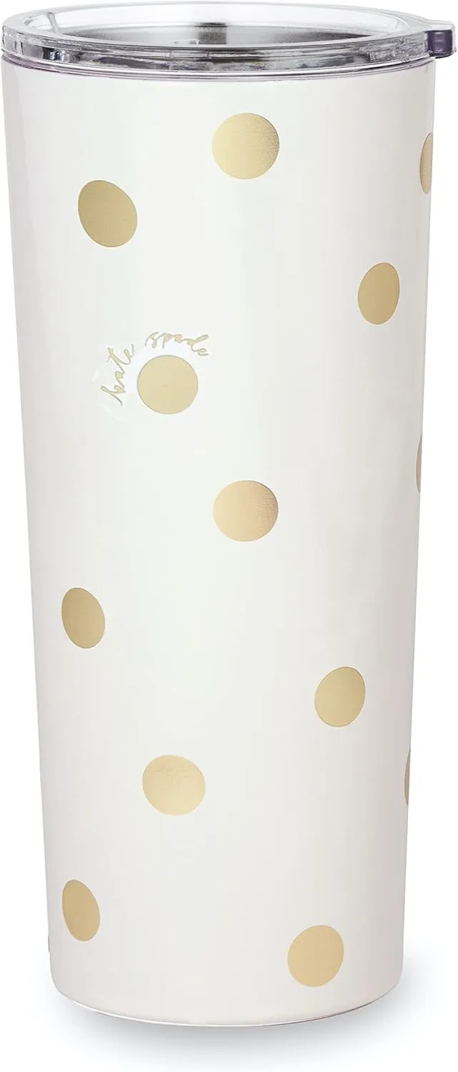kate spade new york Cute Stainless Steel Mug, 24 Ounce Travel Tumbler, Double Wall Insulated Cup with Lid, Gold Dot with Script