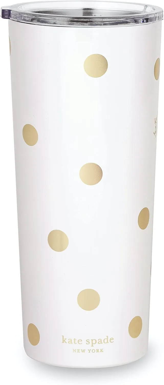 kate spade new york Cute Stainless Steel Mug, 24 Ounce Travel Tumbler, Double Wall Insulated Cup with Lid, Gold Dot with Script