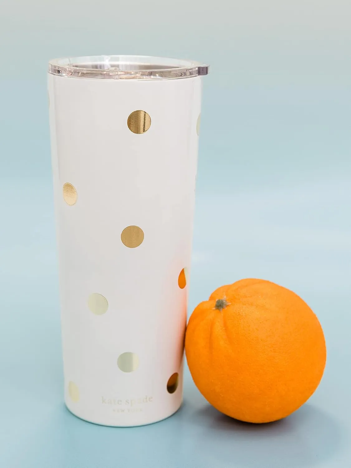 kate spade new york Cute Stainless Steel Mug, 24 Ounce Travel Tumbler, Double Wall Insulated Cup with Lid, Gold Dot with Script