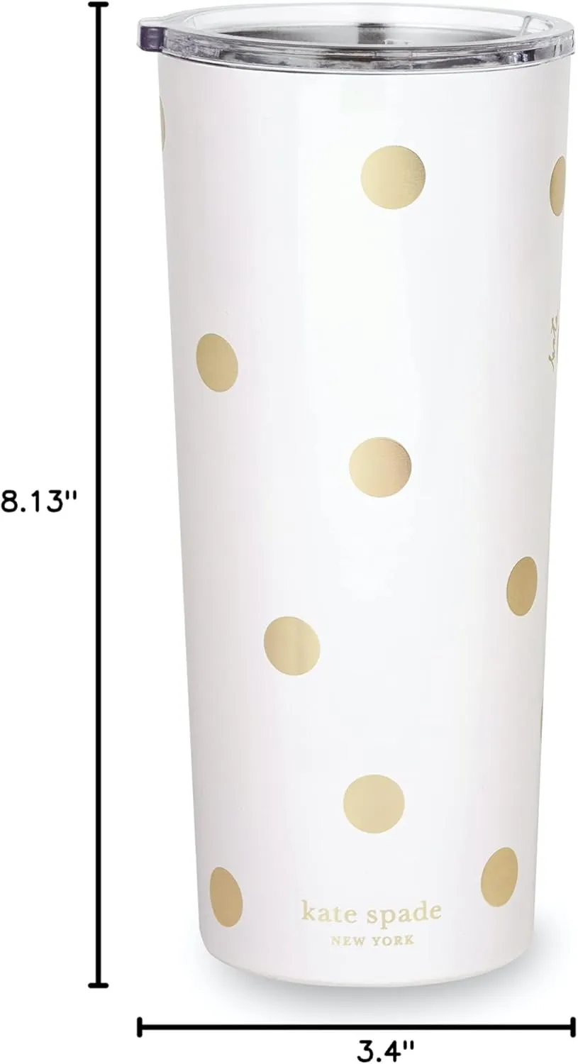 kate spade new york Cute Stainless Steel Mug, 24 Ounce Travel Tumbler, Double Wall Insulated Cup with Lid, Gold Dot with Script